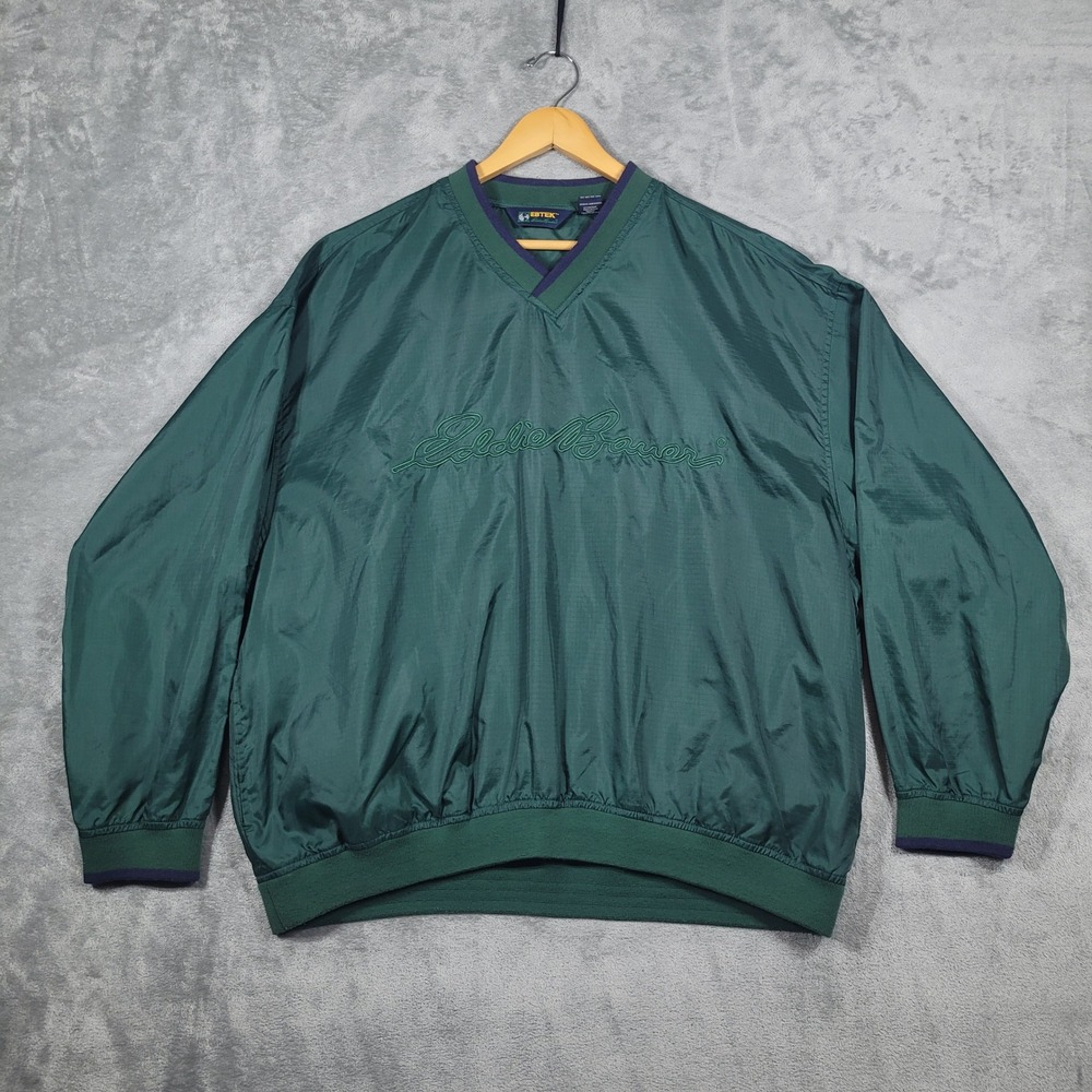 Vintage Eddie Bauer Windbreaker Mens L Green EBTEK Pullover V-Neck Ripstop